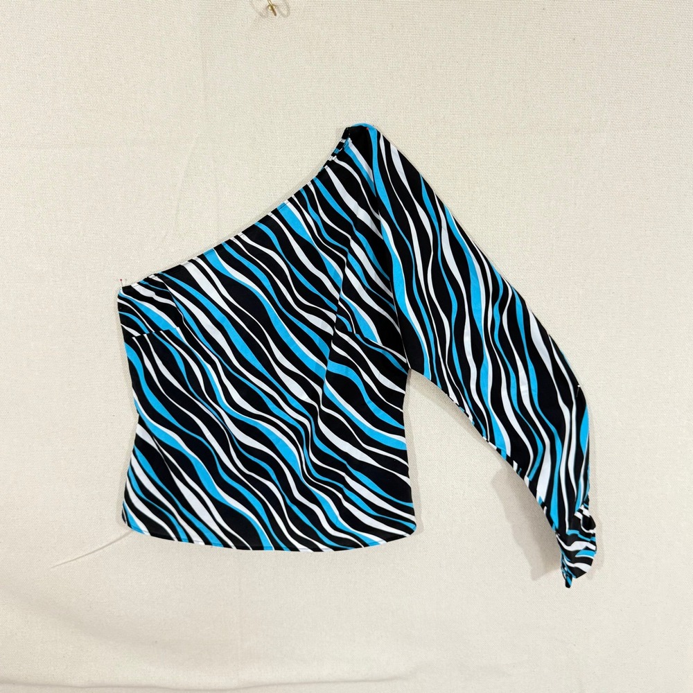 Express Stretch Womens One‎ Shoulder Top Blue Black Wavy Zebra Print Size 5/6